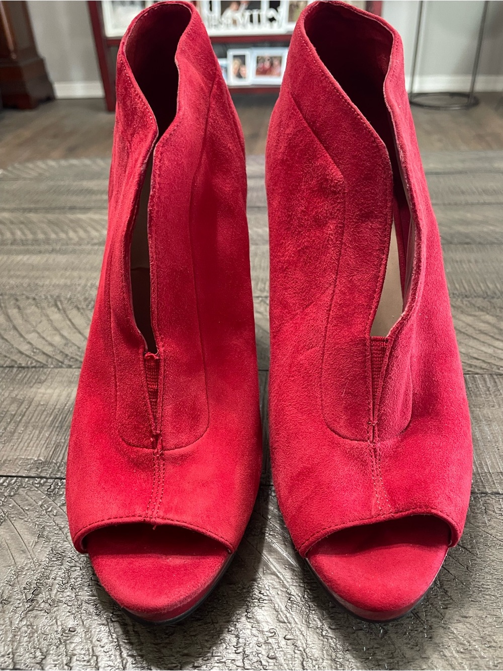 Nine West Red Suede Peep-Toe Cutout Heels